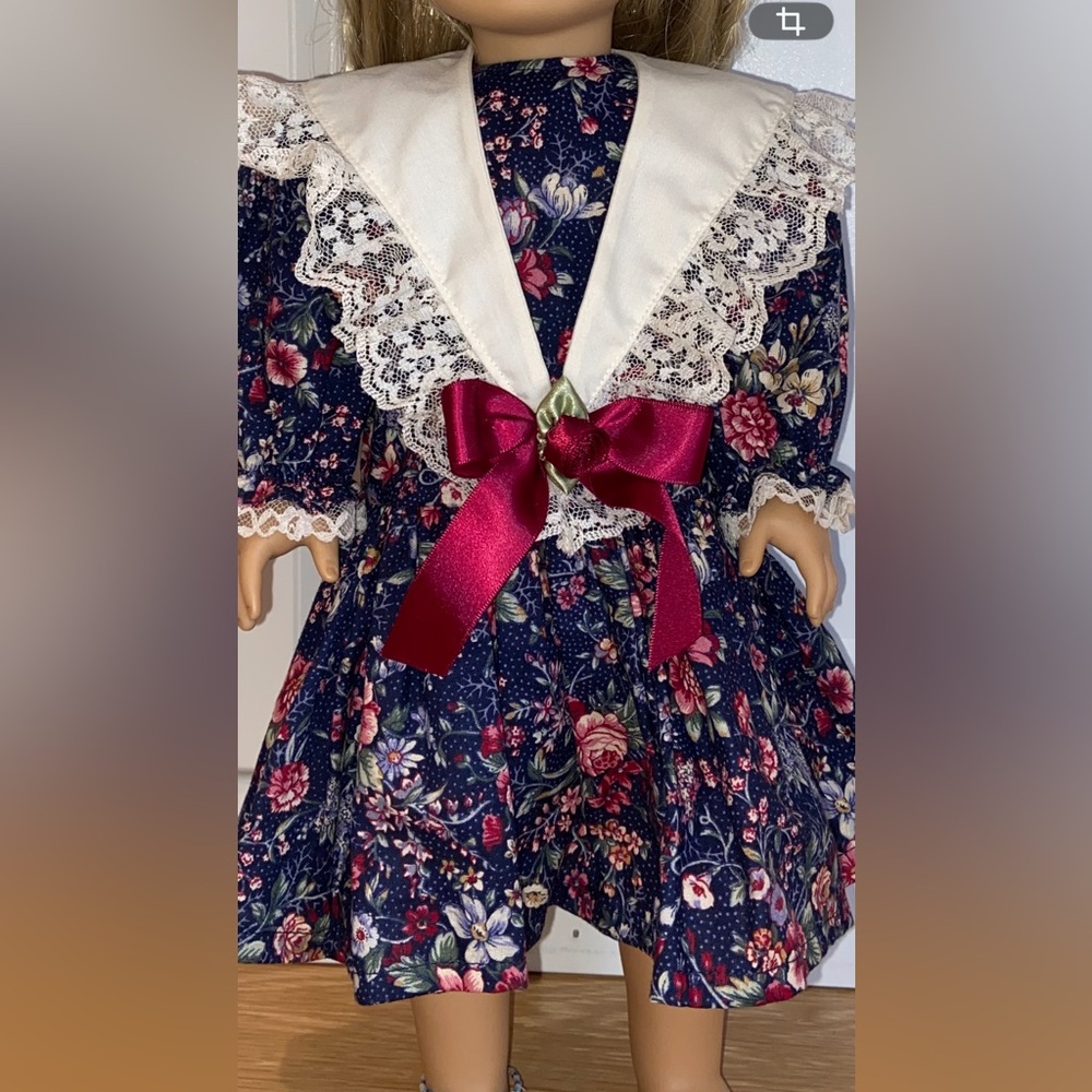 American Girl Doll blue floral dress with removable lace collar and blue hat